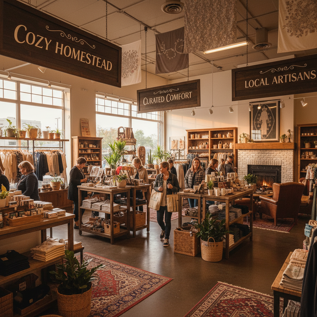 Cosy vintage furniture store with warm wooden pieces arranged in soft afternoon light