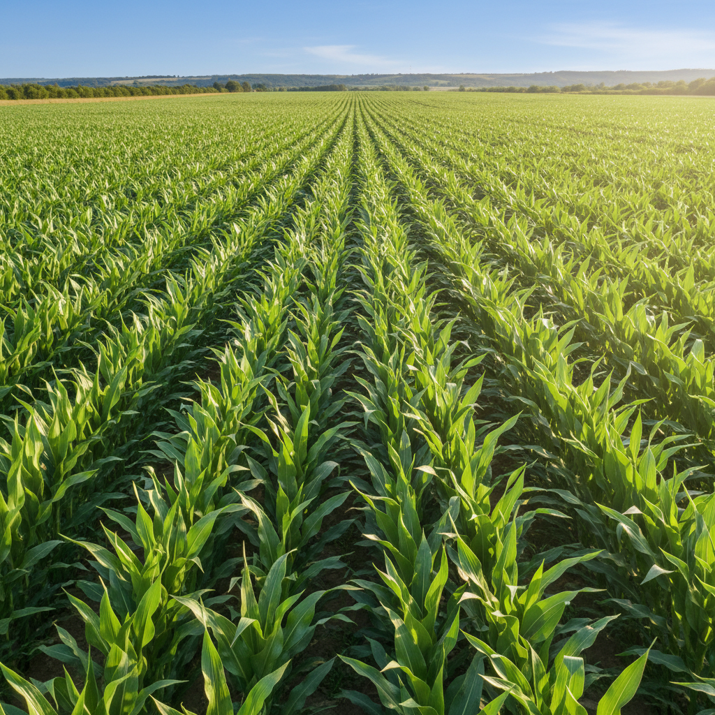 Healthy crop field with vibrant green foliage, bright natural daylight, open agricultural landscape
