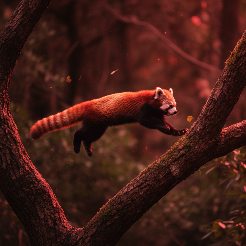Blurred motion capture of a small animal mid-leap between two branches in low red light