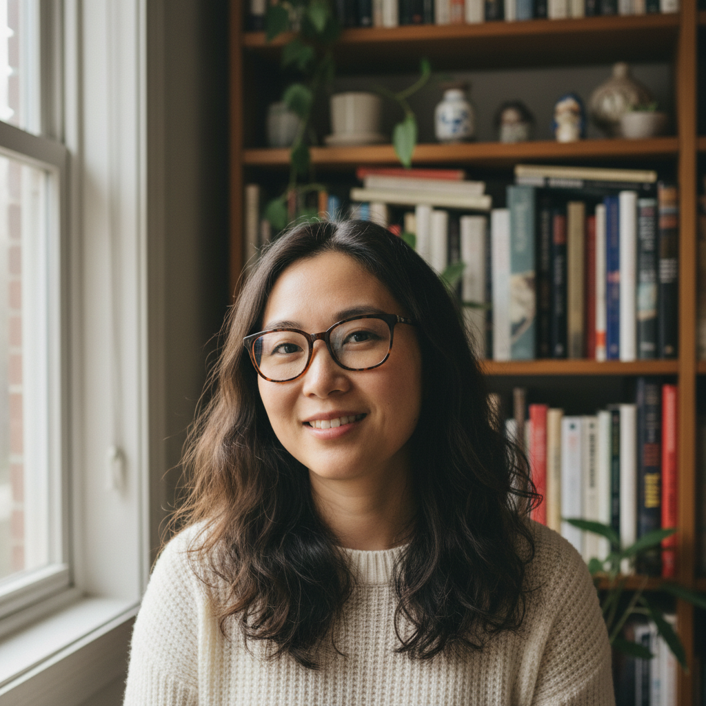 Dr. Keiko Tanaka, a Japanese-American woman with glasses, smiling at camera in a home office with books behind her
