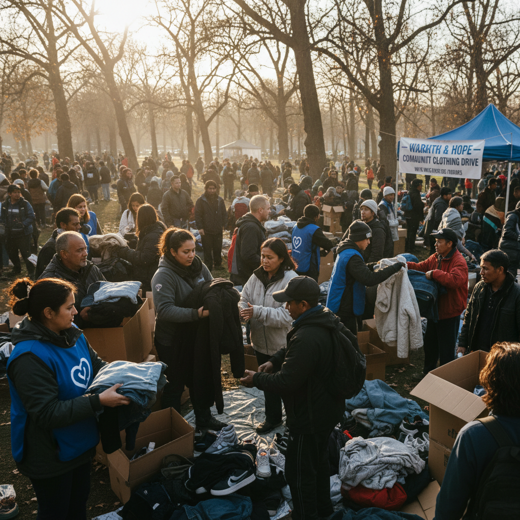 Volunteers organizing neatly folded colorful clothes on tables during community donation drive