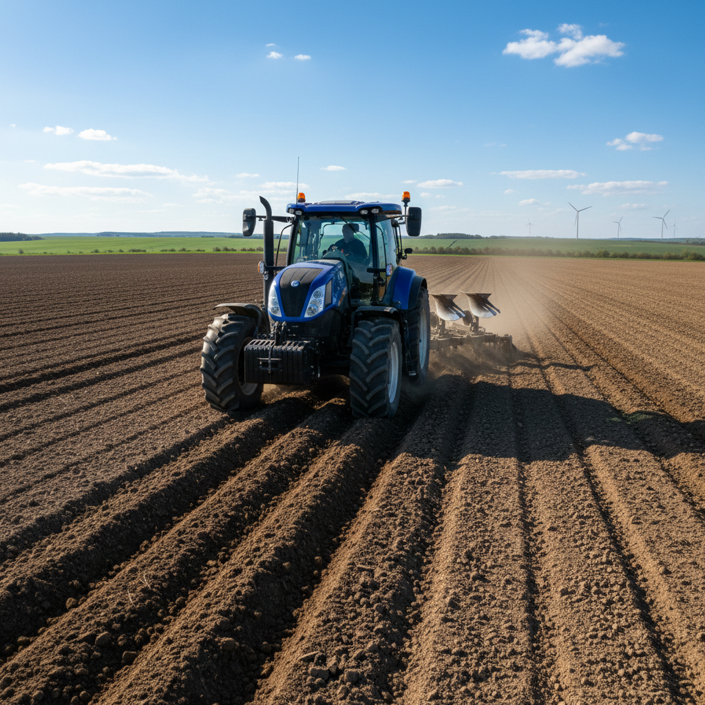 Modern agricultural tractor working in large green farm field, precision farming machinery in operation
