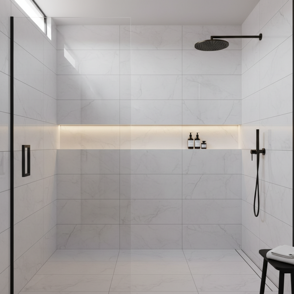 Large format porcelain tile shower with herringbone accent strip and frameless glass enclosure