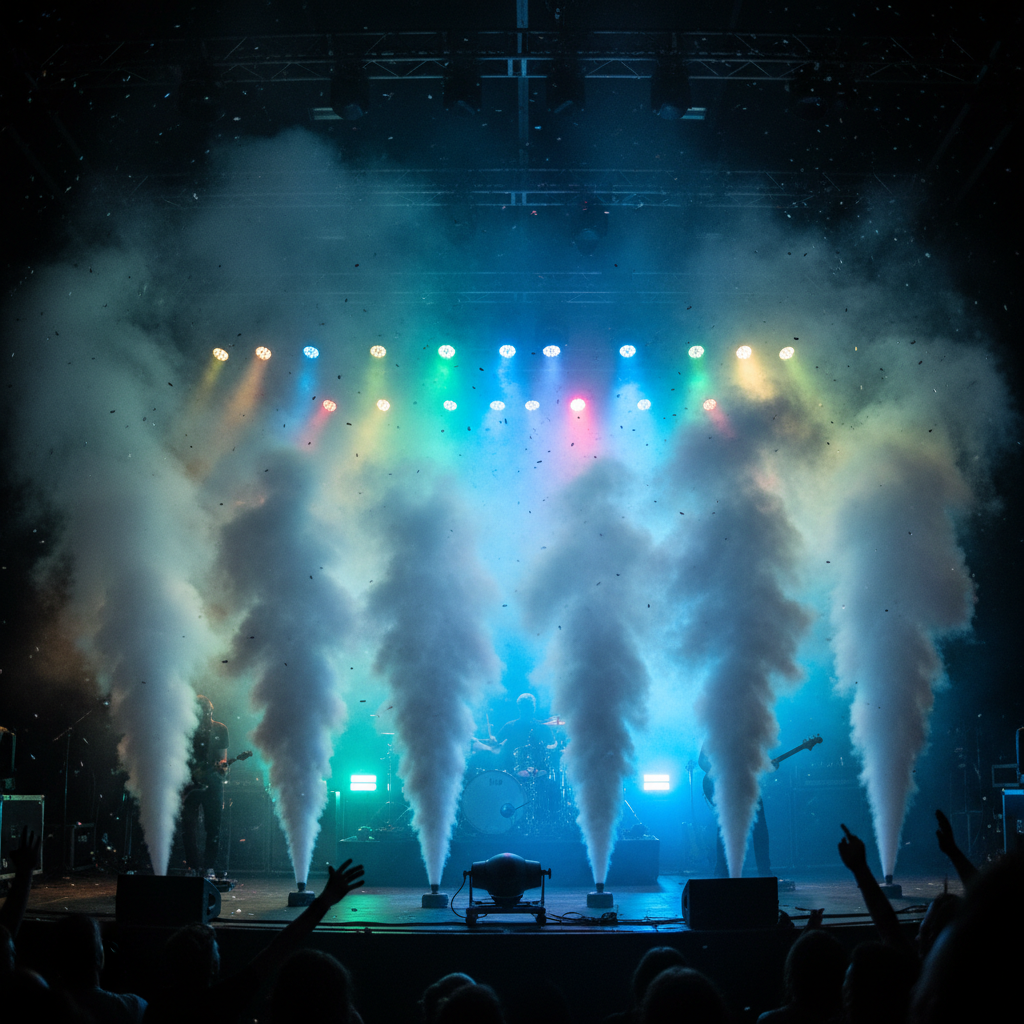 Dark concert stage with single spotlight beam, atmospheric haze