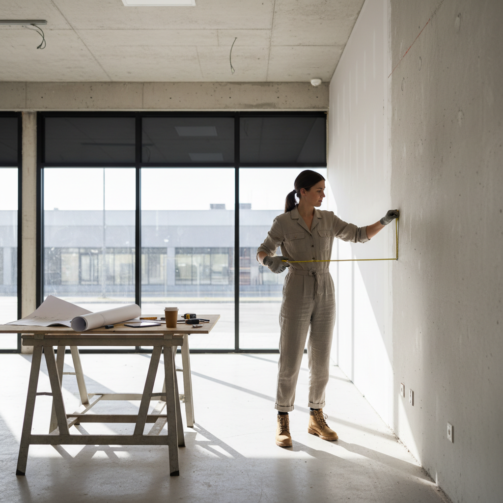 Designer standing inside an empty retail space taking measurements with a tape measure, natural light streaming through storefront windows