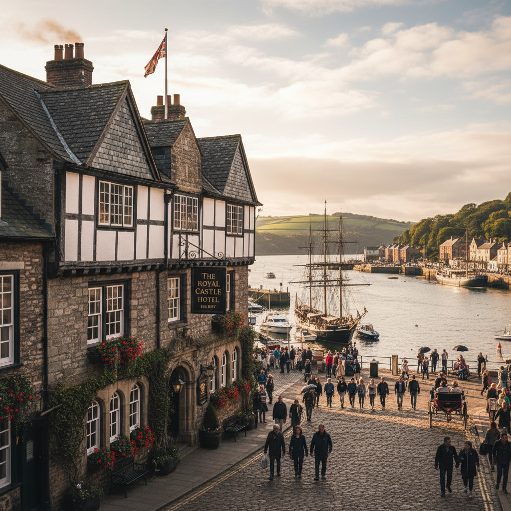The Royal Castle Hotel on the Dartmouth Embankment — a 17th-century coaching inn overlooking the inner harbour and River Dart estuary