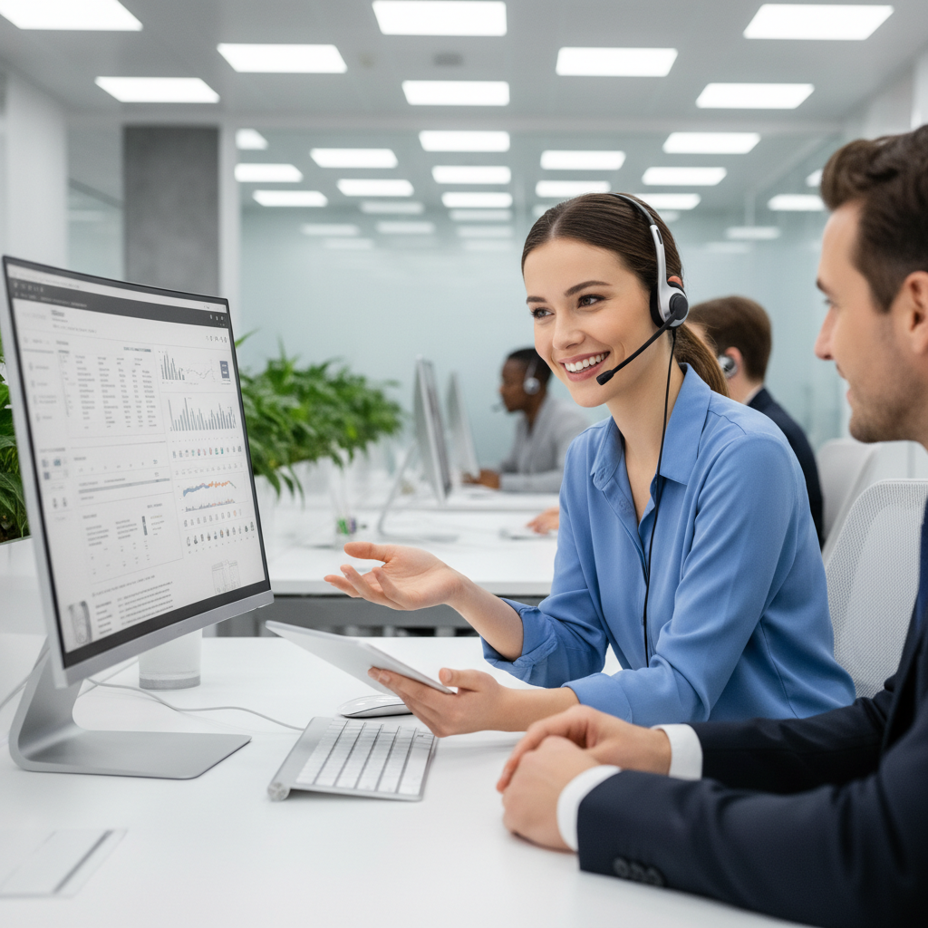 Customer service representative with headset in a bright modern call centre