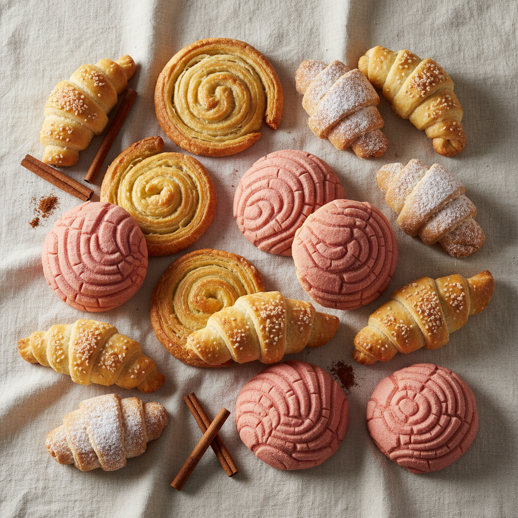 Overhead flat-lay of assorted pan dulce pastries including pink conchas and cuernos scattered on linen with cinnamon sticks