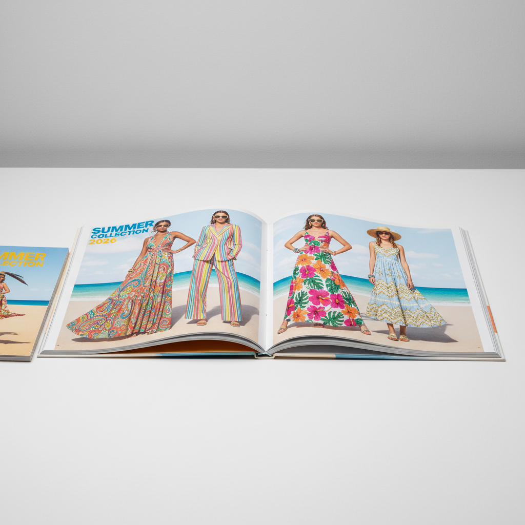 Fashion lookbook with stylish outfits, vibrant colors