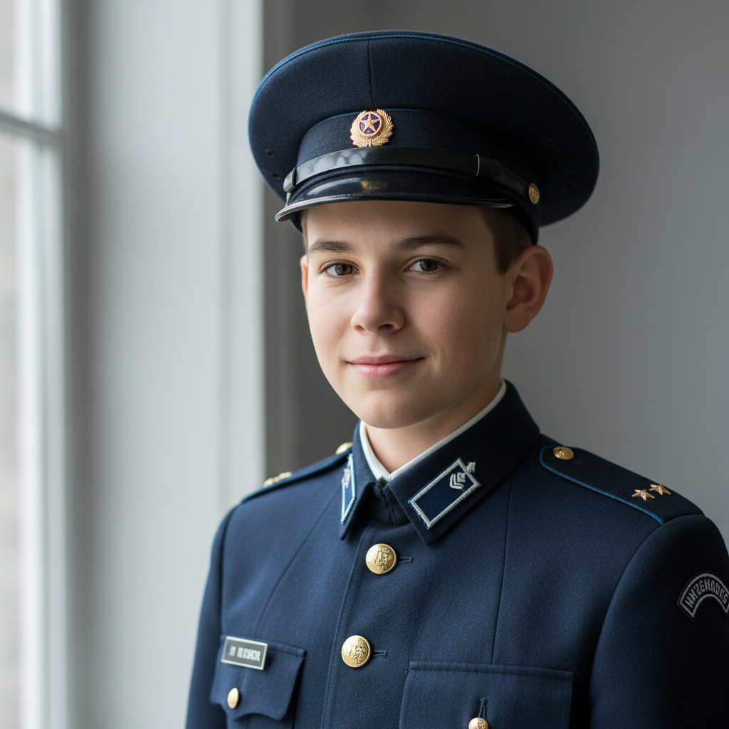 Marcus, a sixteen-year-old in his cadet uniform looking directly at camera