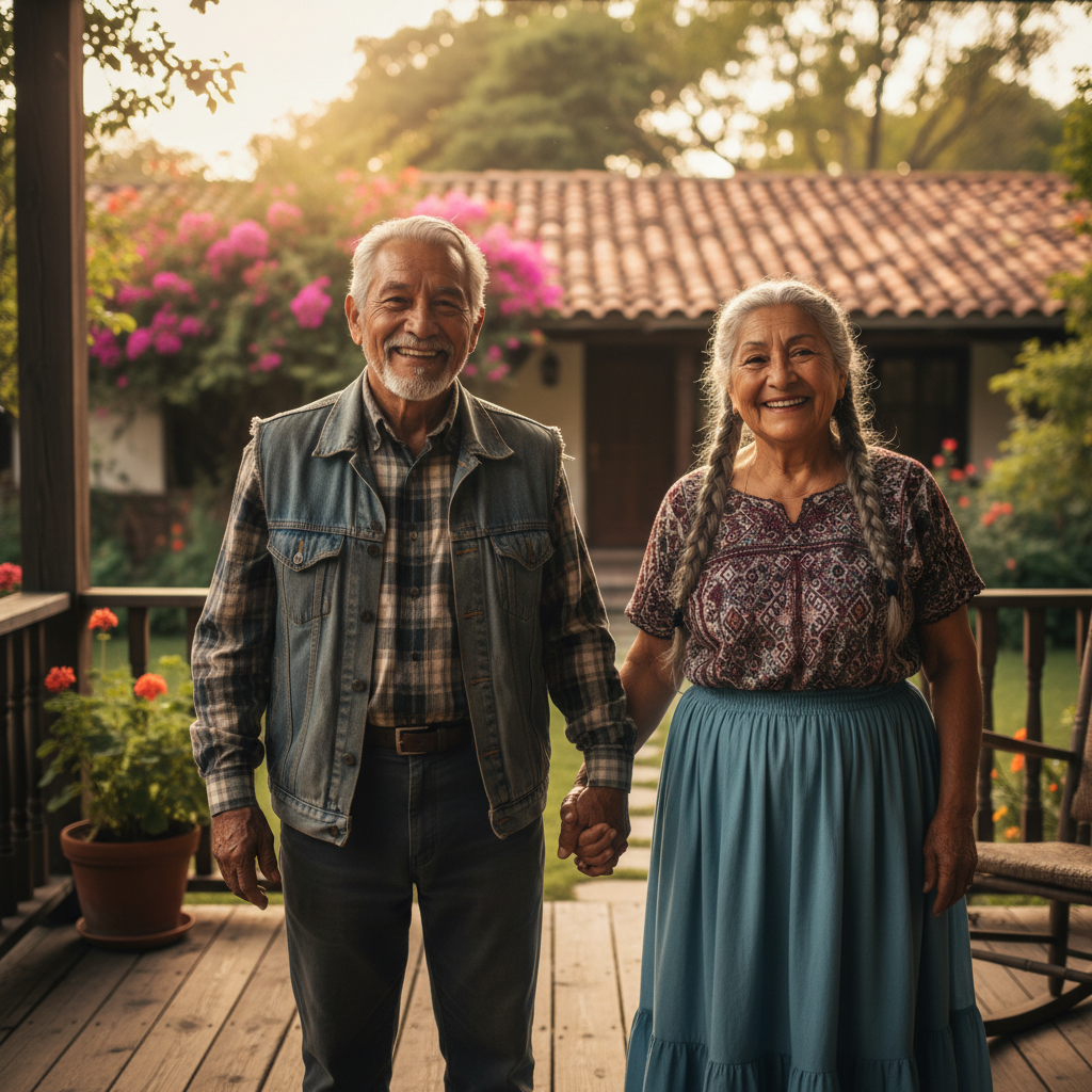 An elderly Latino couple sitting on a front porch, holding hands and smiling