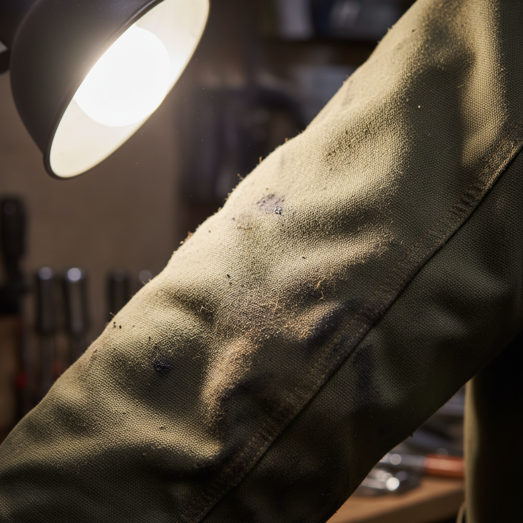 Grease-marked sleeve under halogen workshop light, close-up showing fabric durability and texture