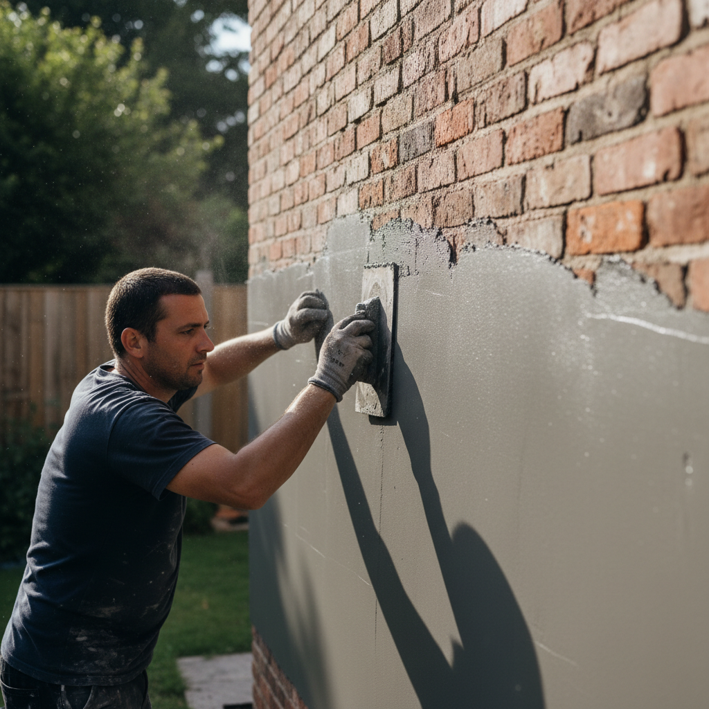 Tumble crew member applying industrial moisture-resistant coating to cinder block laundry room wall
