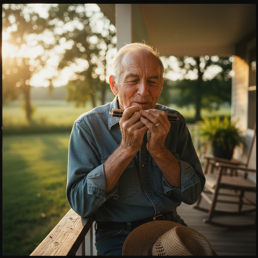 Older man playing harmonica on a porch in the late afternoon light
