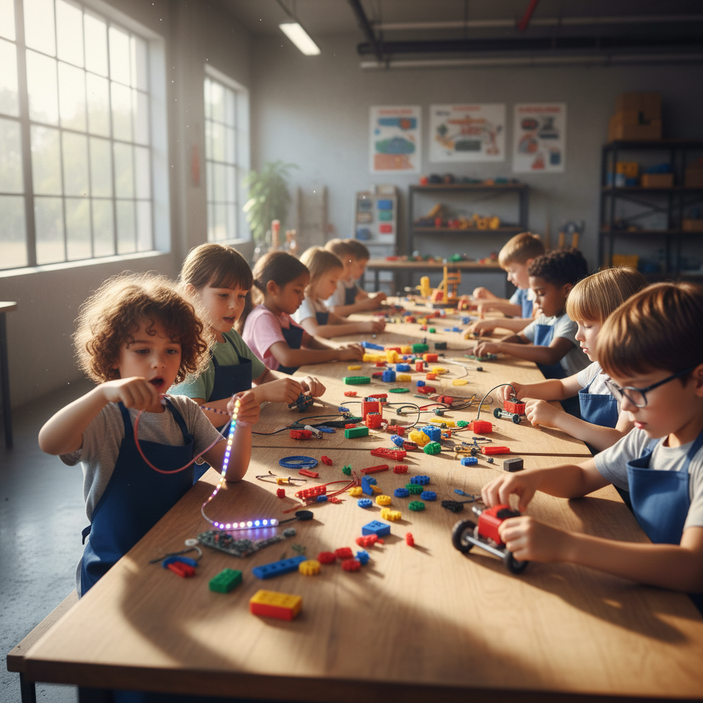 Kids in a bright workshop setting with colorful components on the table