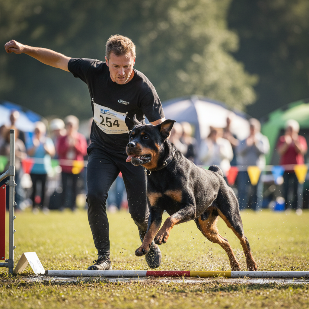 Rottweiler running in an open field, athletic powerful dog enjoying outdoor exercise