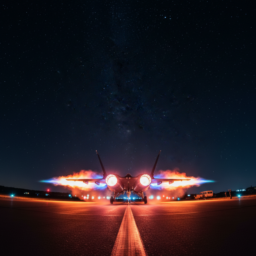 Military fighter jet in afterburner at night, deep black sky, orange flame exhaust glow, dramatic dark environment, high contrast