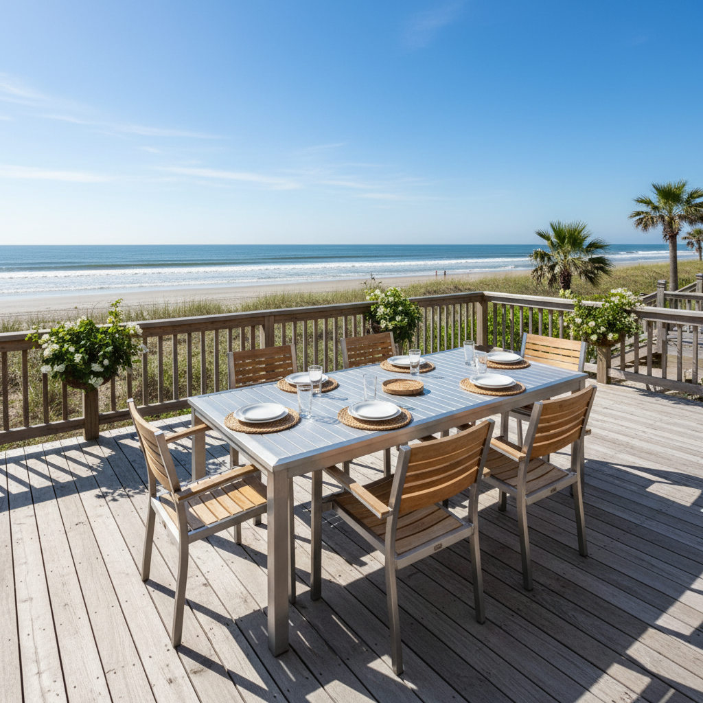 Coastal patio with marine aluminum dining set and teak chairs on a beach house deck