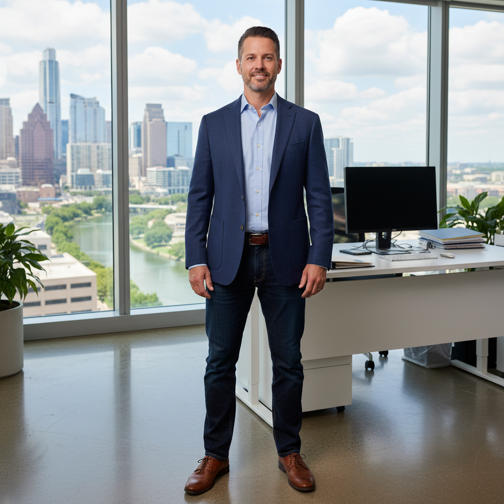 Business professional man, outdoor corporate setting