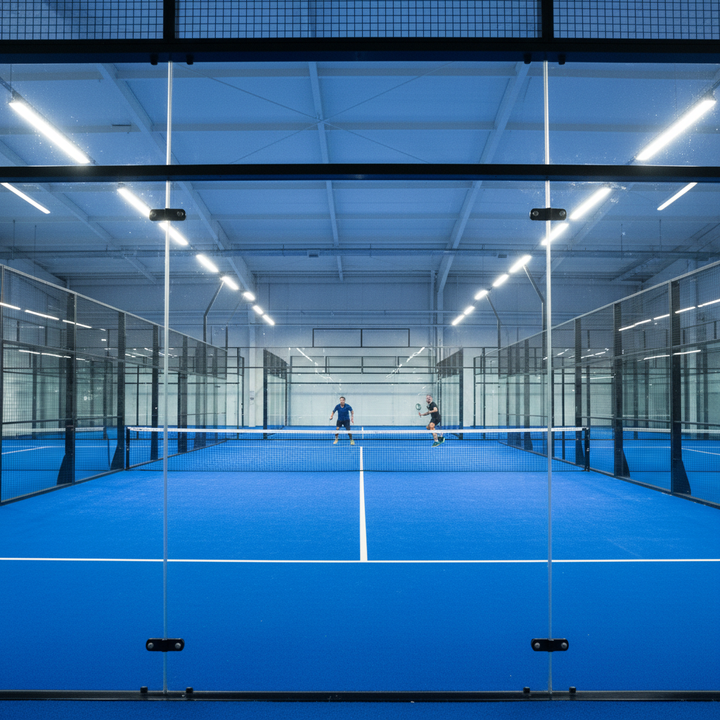 Indoor padel court at Smash Canary Wharf facility, LED overhead lighting reflecting off glass walls, pristine blue court surface