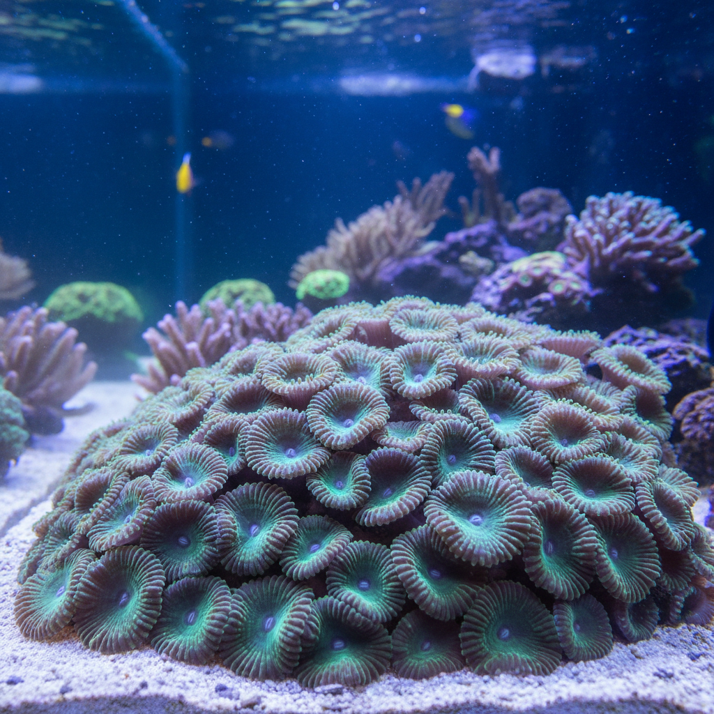Duncan coral colony with green and purple disc-shaped polyps open in reef tank