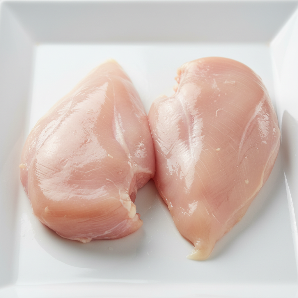 Fresh dressed chicken portions on clean white surface in professional kitchen setting
