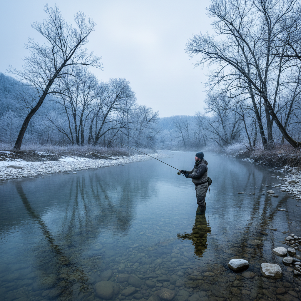 Winter fishing on Little Red River with bare trees and cold clear water ideal for midge fishing
