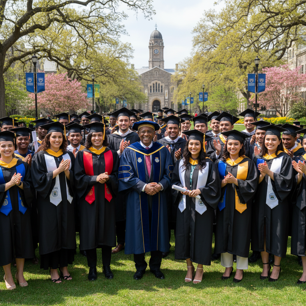 Diverse group of graduates in black caps and gowns celebrating with diplomas raised in modern university campus