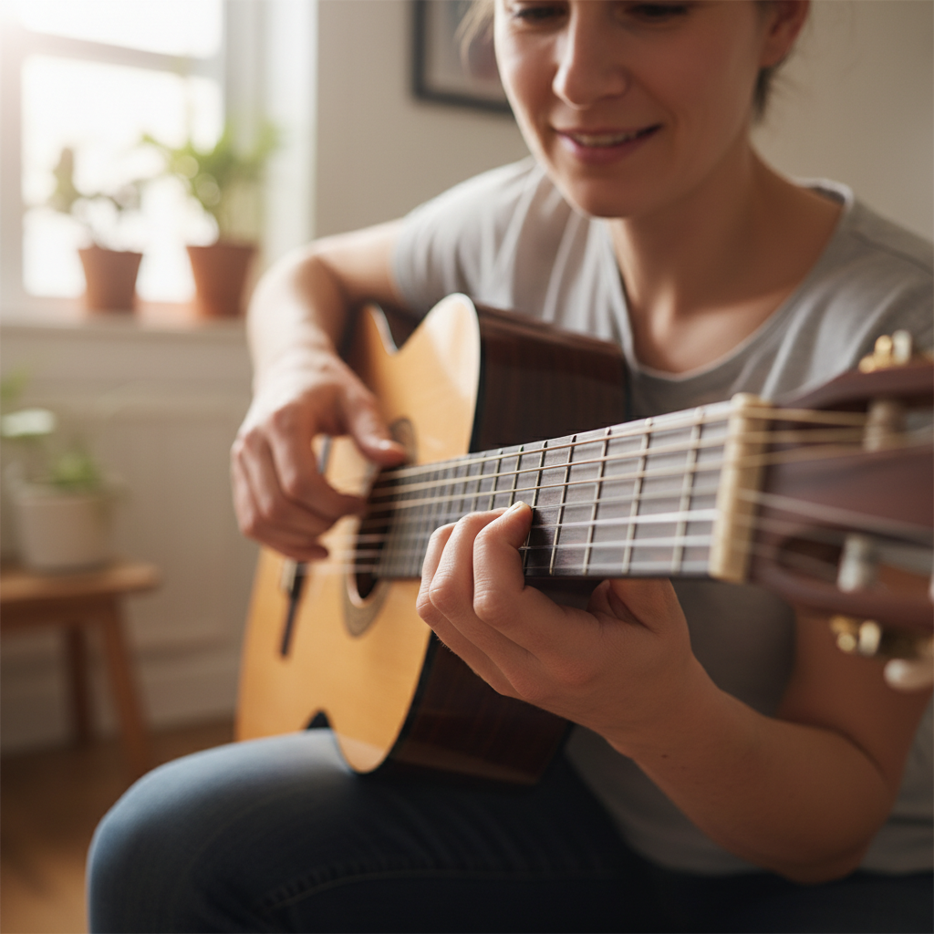 Counselor guiding tiny fingers on guitar frets