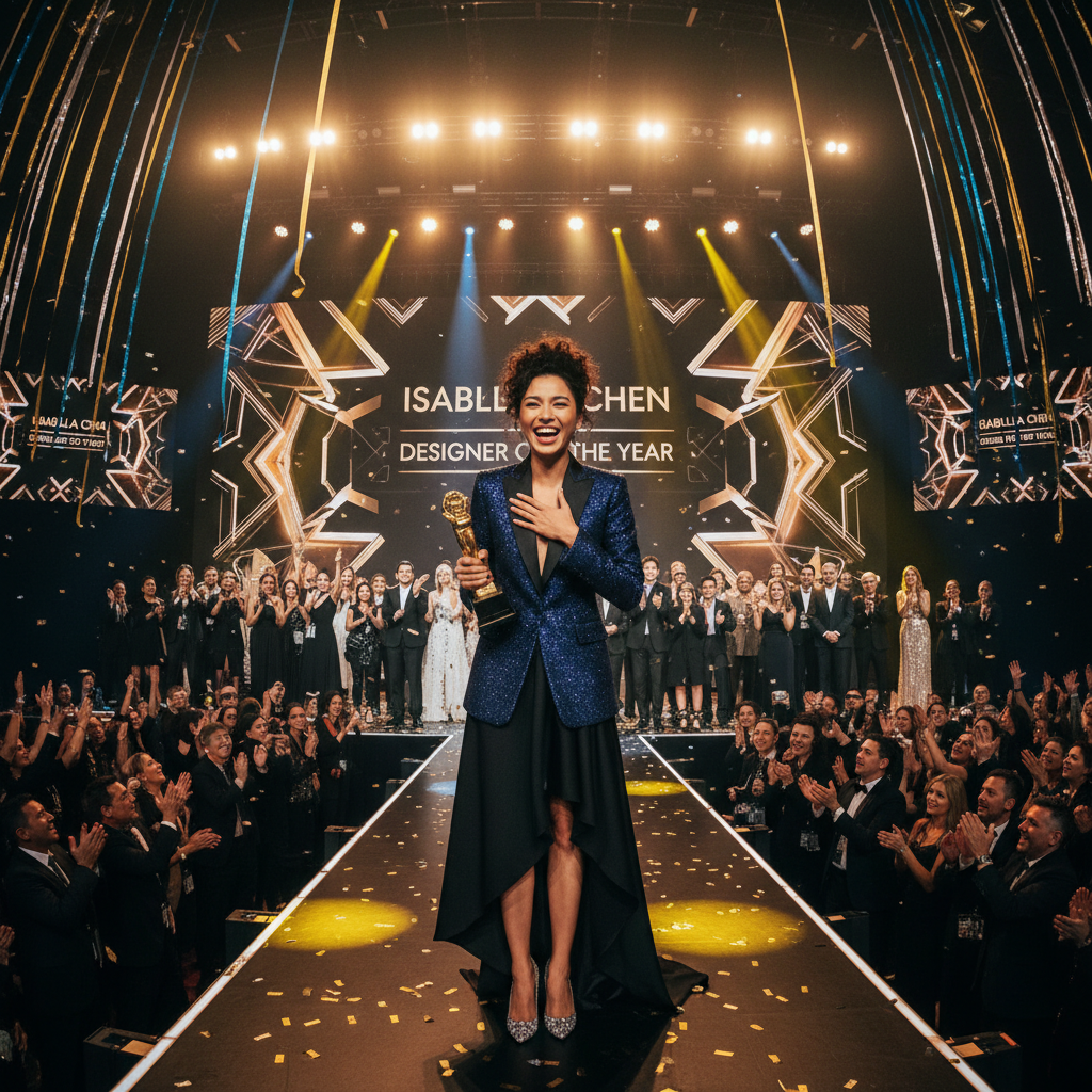 Awards ceremony stage with designer mid-acceptance