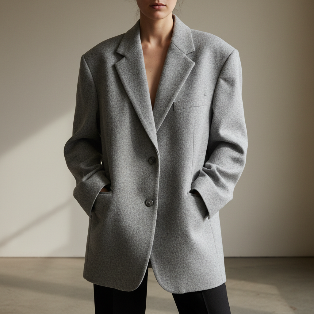 Premium merino wool blazer on mannequin, well-lit studio, bright background