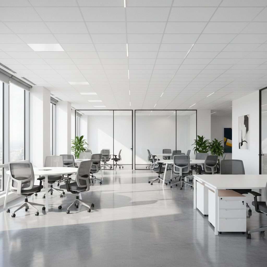 Spotless modern open-plan office with clean desks, polished floors, and bright overhead lighting