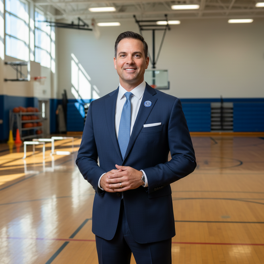 Marcus Chen, district PE coordinator in professional attire