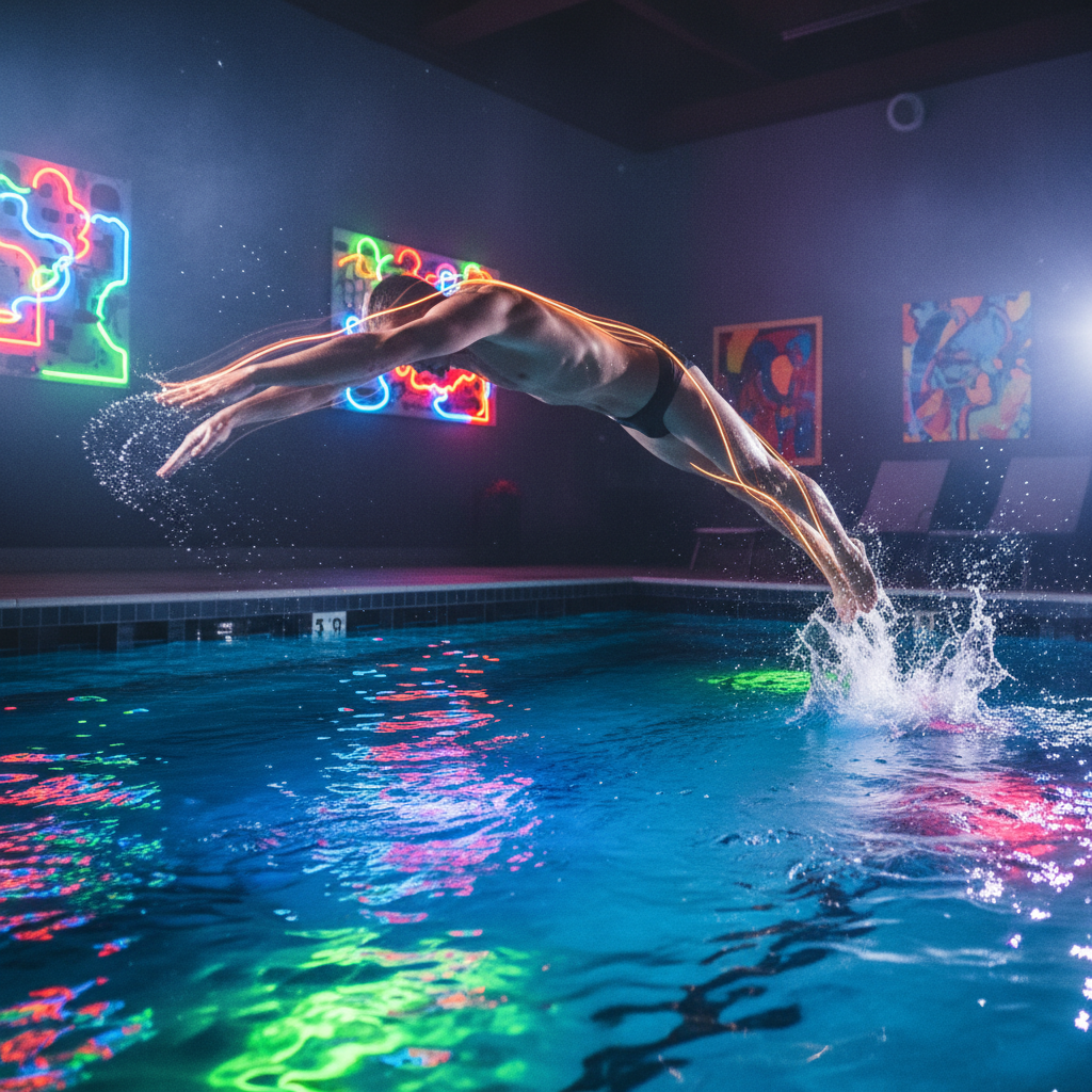 Athletic person diving into pool with neon lights reflecting off water surface