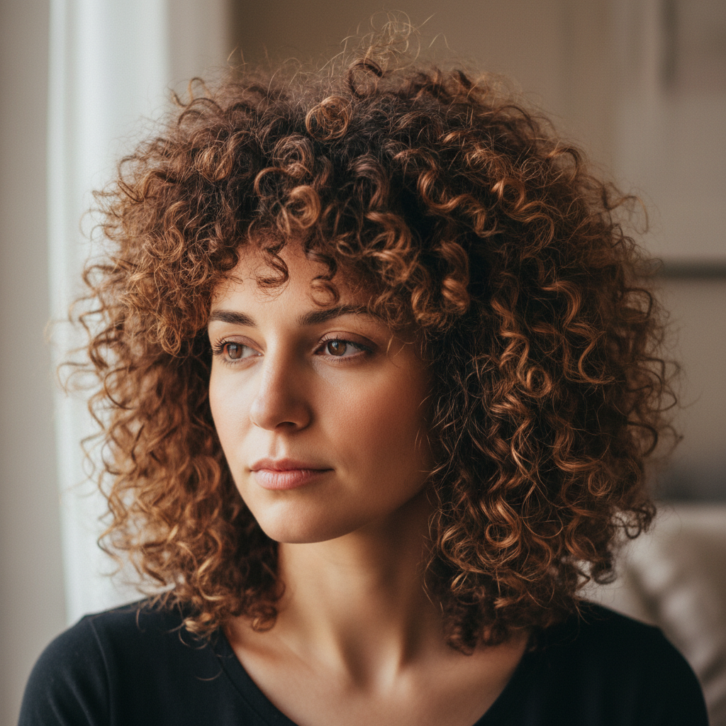 Priya before her curly cut, undefined curls with uneven length