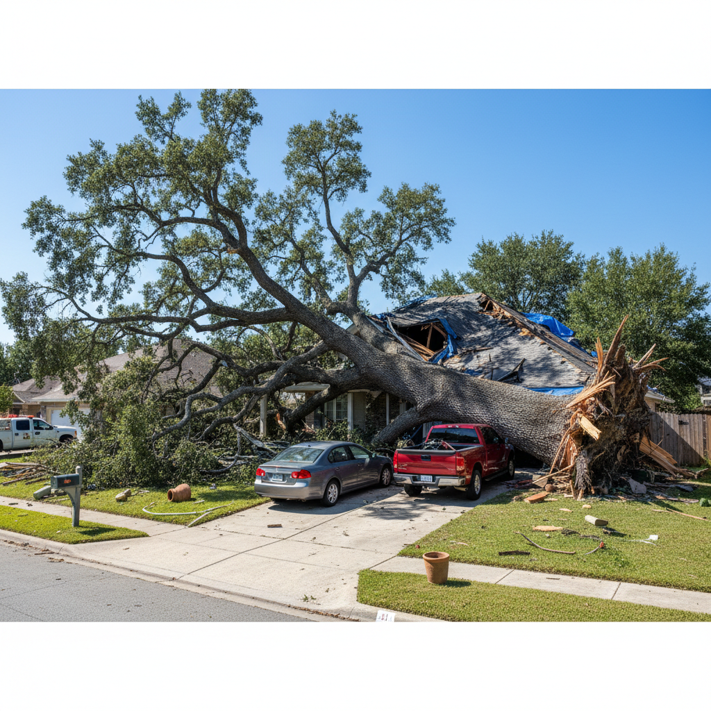 Large oak tree fallen across residential roof after storm, blocking driveway, storm damage visible