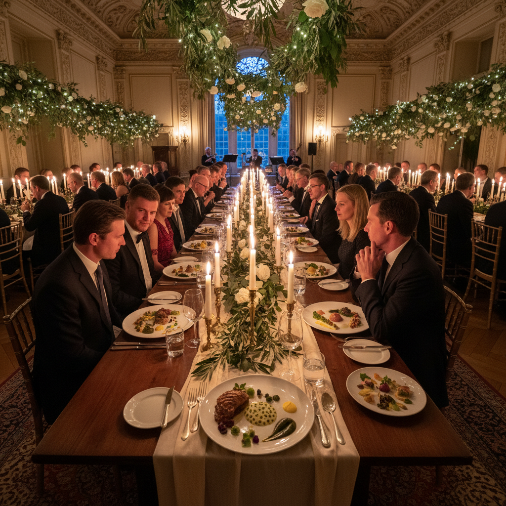 Sophisticated charity gala dinner with candlelit tables and elaborate plant-based tasting menu