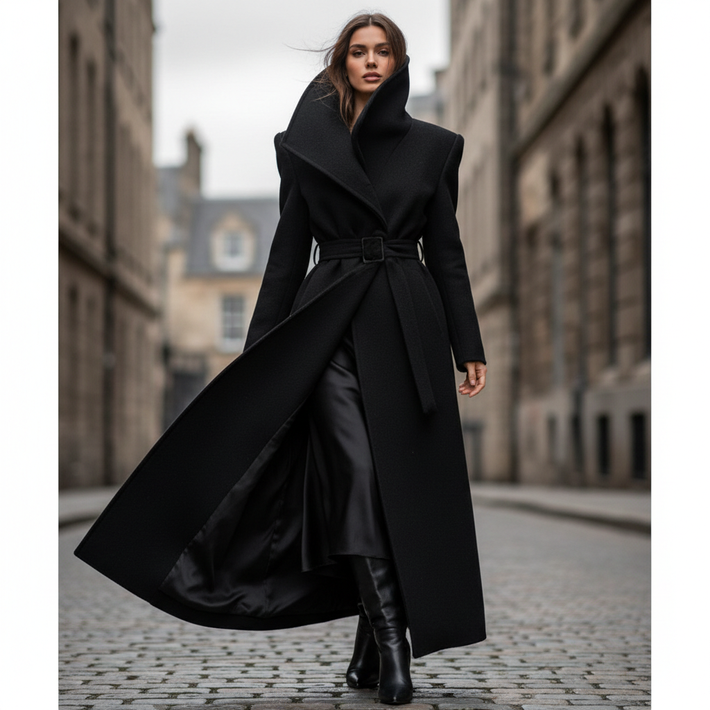 Harvest season long wool coat in warm caramel brown, elegant silhouette, structured shoulders, worn in autumn setting