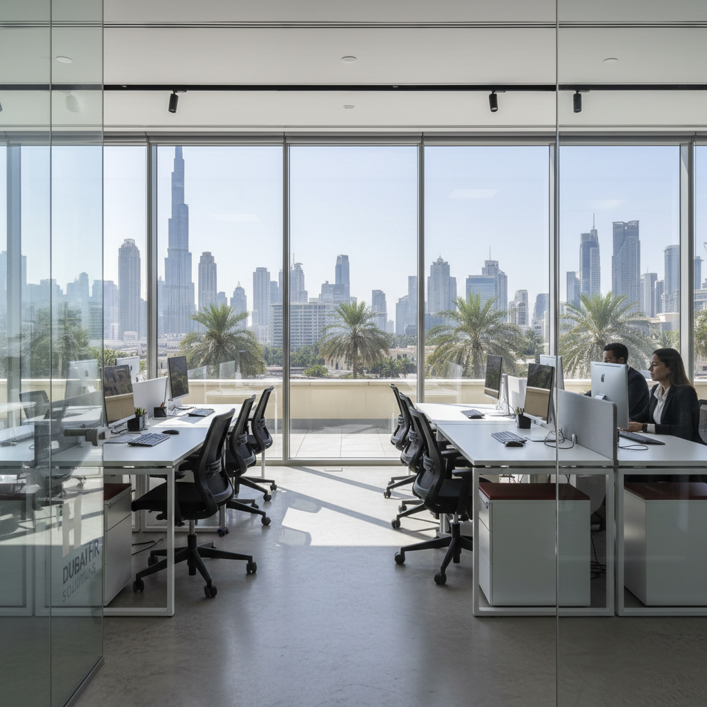 مكتب عصري بنوافذ زجاجية كبيرة وإطلالة على برج خليفة