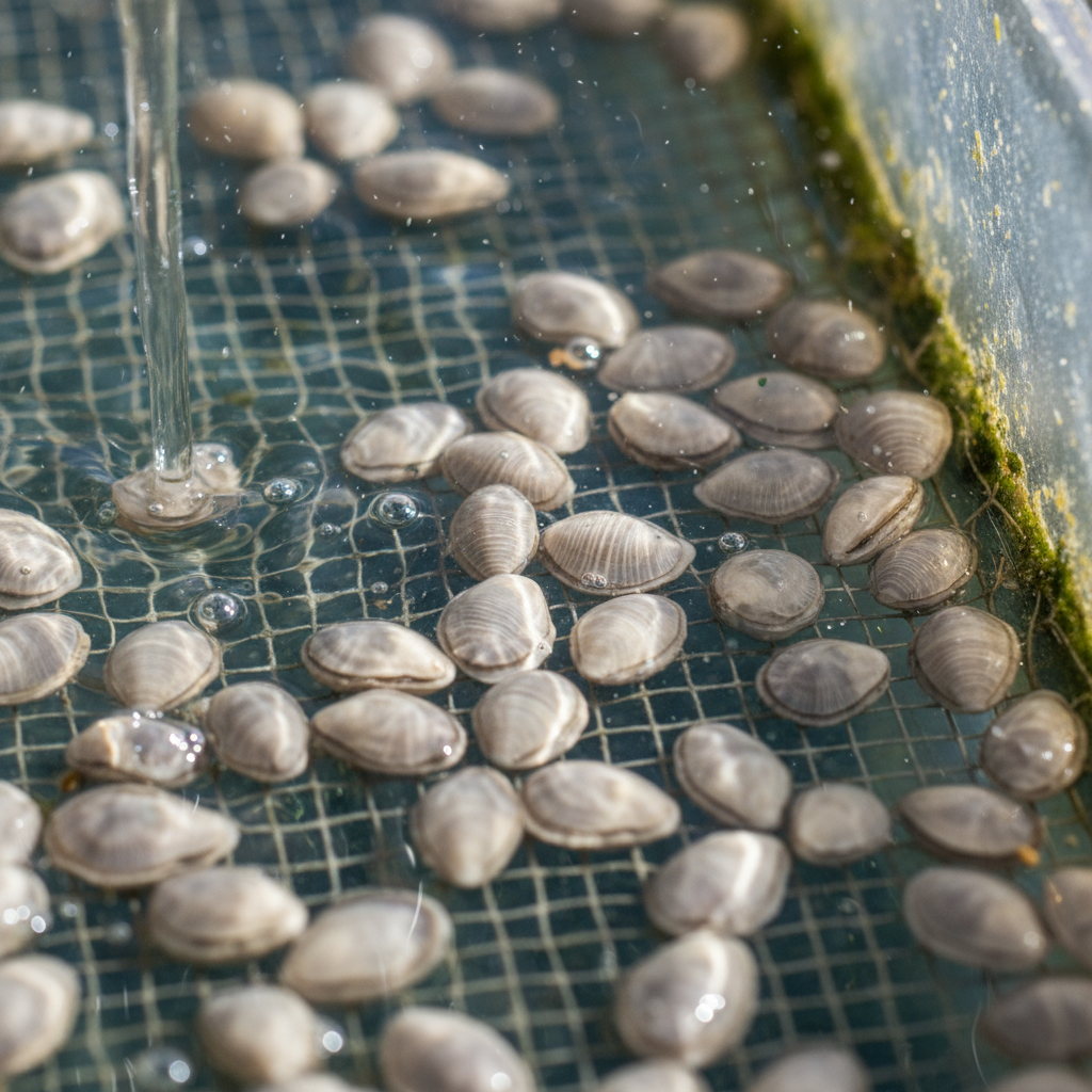 Oyster seed in upweller nursery tank with flowing bay water and small juvenile shells visible
