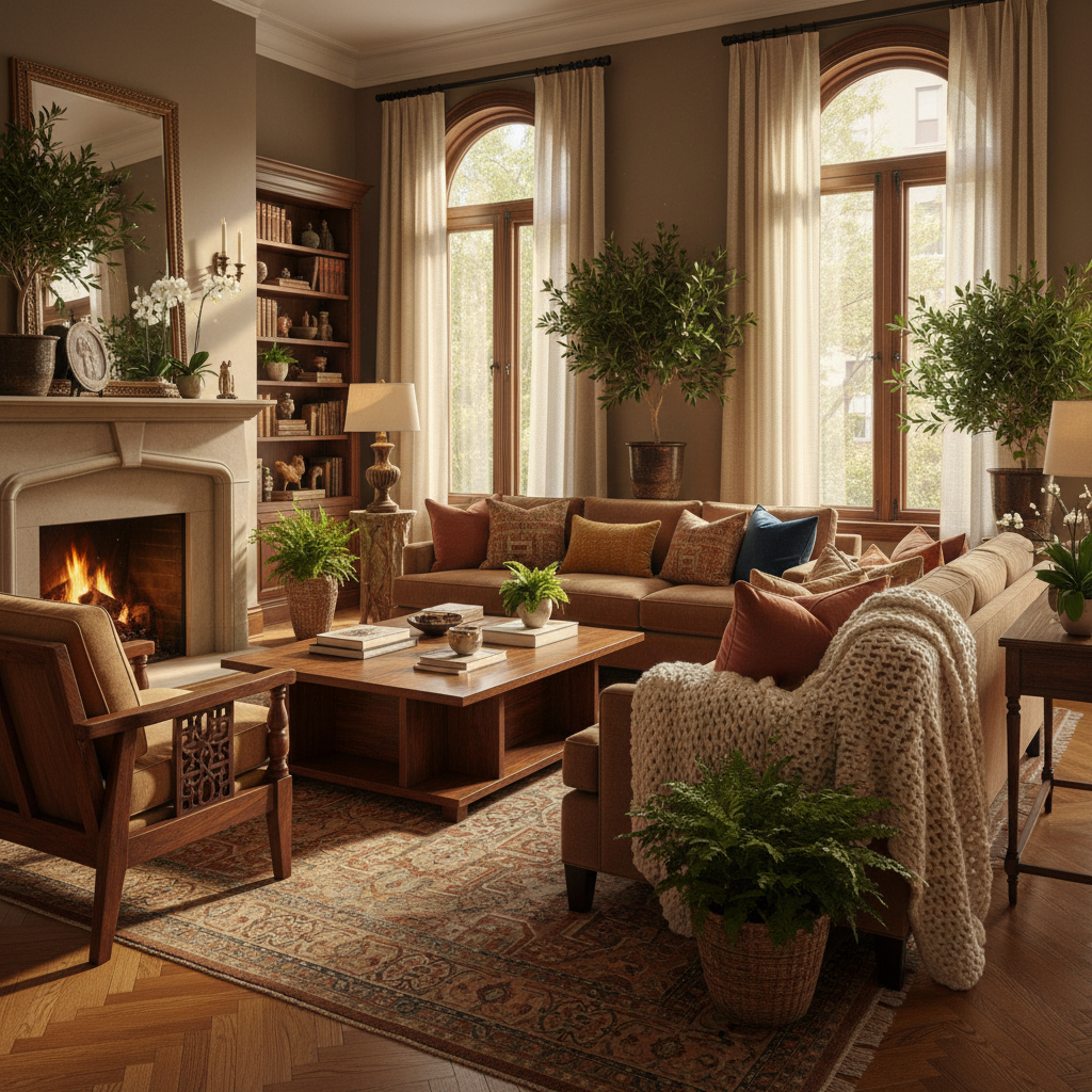 Bright Brooklyn brownstone living room with warm afternoon light and minimalist furnishings