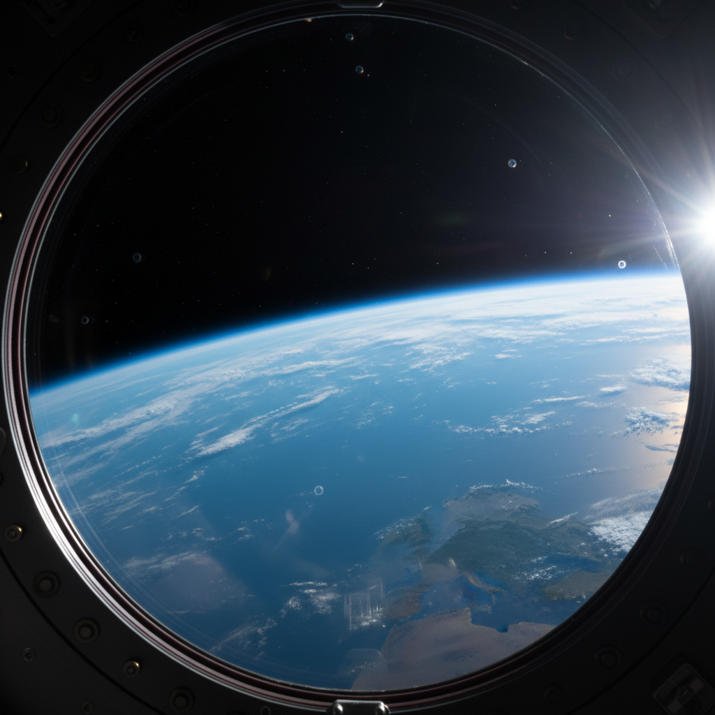 Earth's blue curve visible through spacecraft porthole