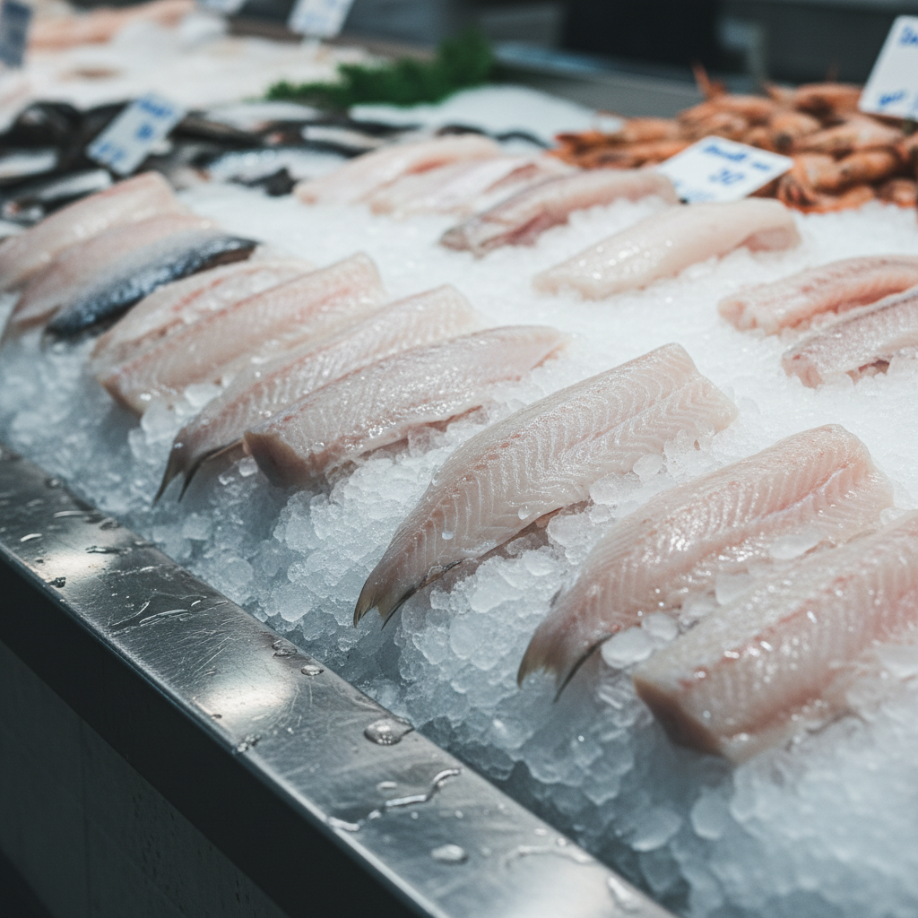 Fresh white fish fillets on ice under bright clean studio lighting