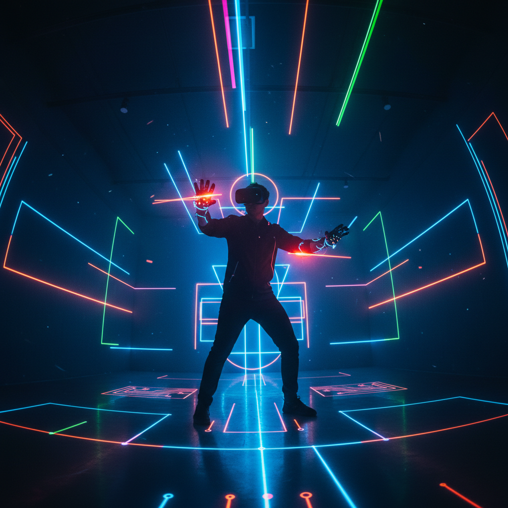 Player fully immersed in a VR experience, arms outstretched in a dark room with neon lighting