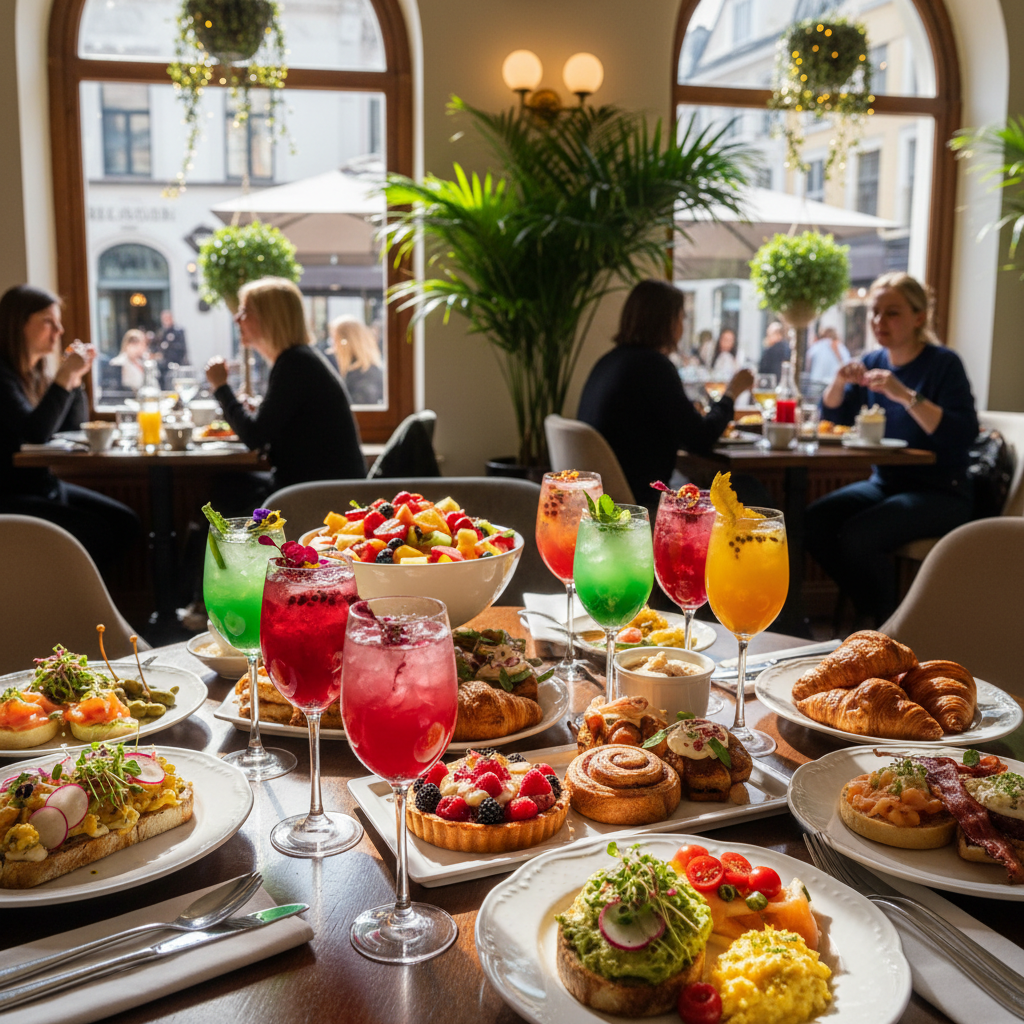 Elegant brunch table setup with colorful cocktails, fresh food and vibrant restaurant atmosphere