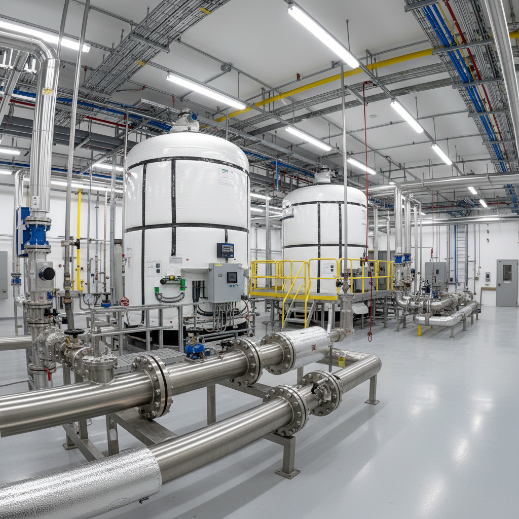 Hospital mechanical room with steam distribution headers and insulated pressure vessels in clean white-painted room