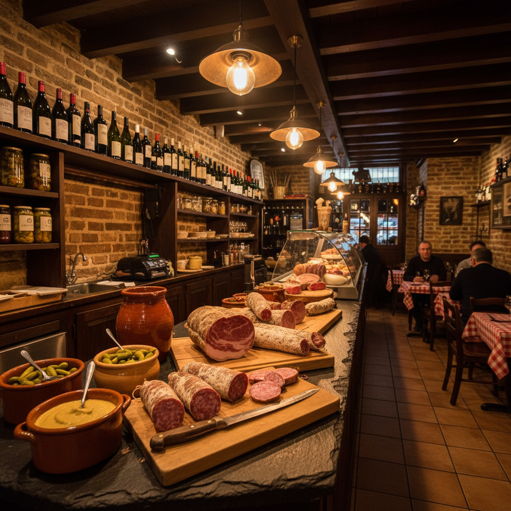 Lyon bouchon interior with saucisson and mustard pots on dark stone counter, warm amber restaurant lighting