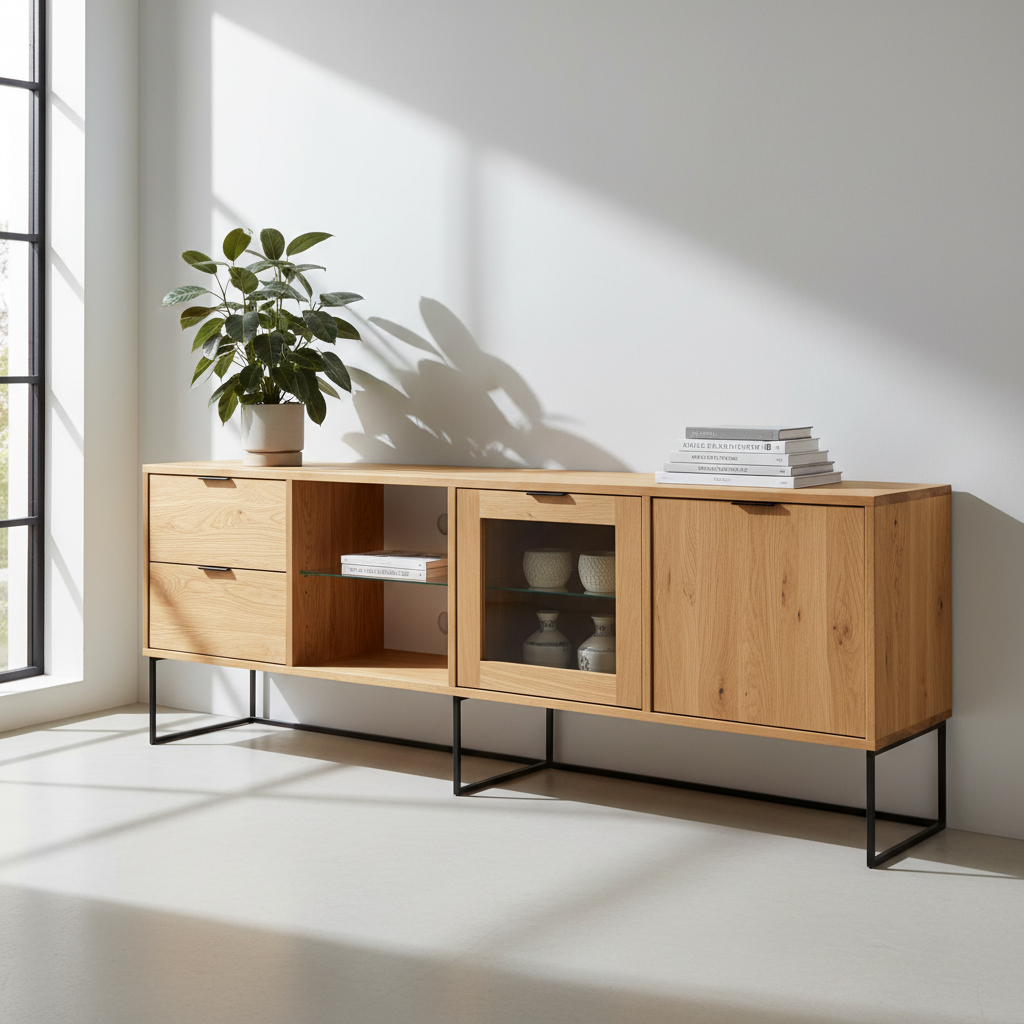White oak sideboard with drawers and cabinet doors, contemporary dining room