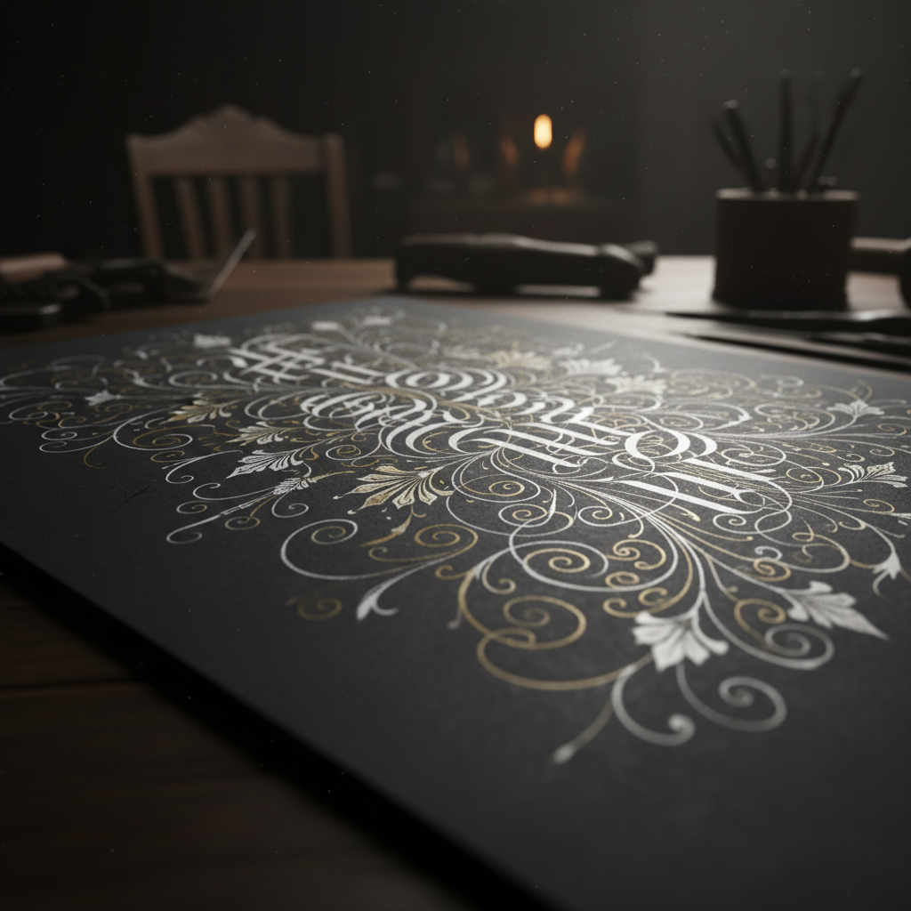 Advanced flourishing drill sheet on dark paper, dramatic ornate loops, atmospheric moody studio
