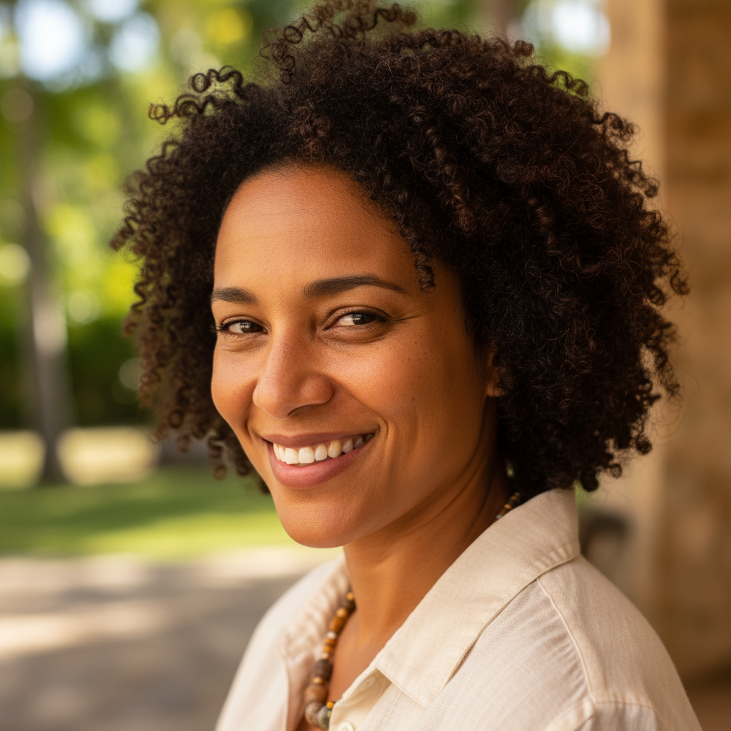 Portrait of a woman with curly hair and a thoughtful expression in warm afternoon light
